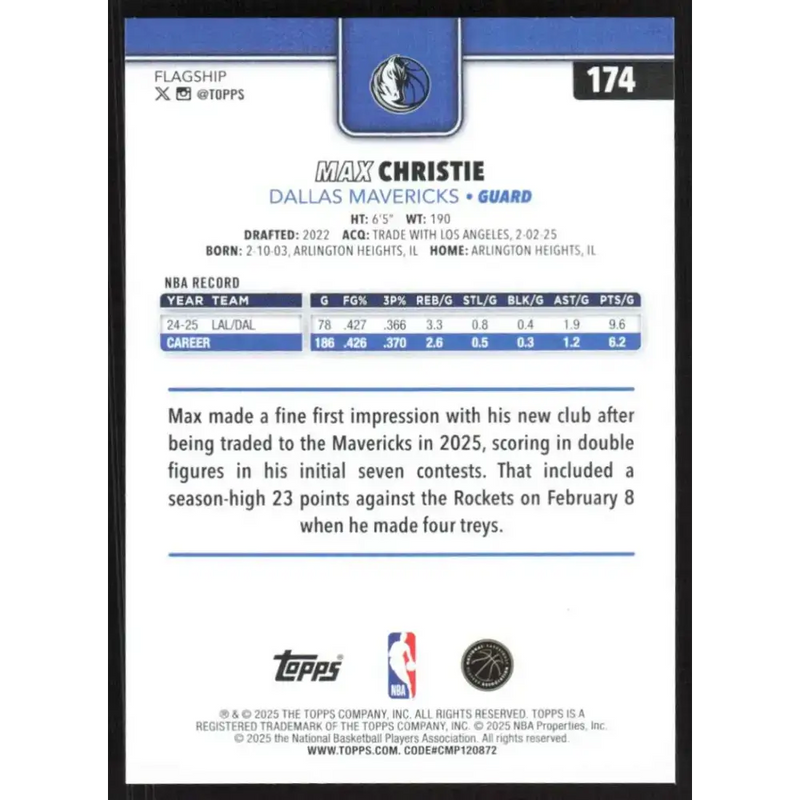 2025-26 Topps #174 Max Christie NM-MT Dallas Mavericks Basketball Card - Basketball Card Single