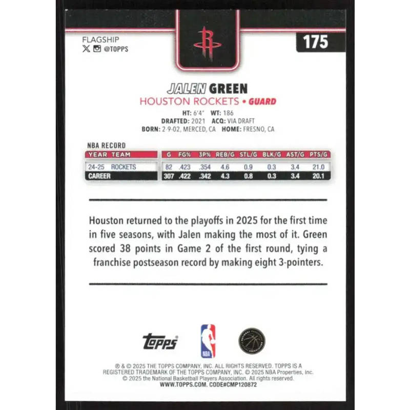 2025-26 Topps #175 Jalen Green NM-MT Houston Rockets Basketball Card