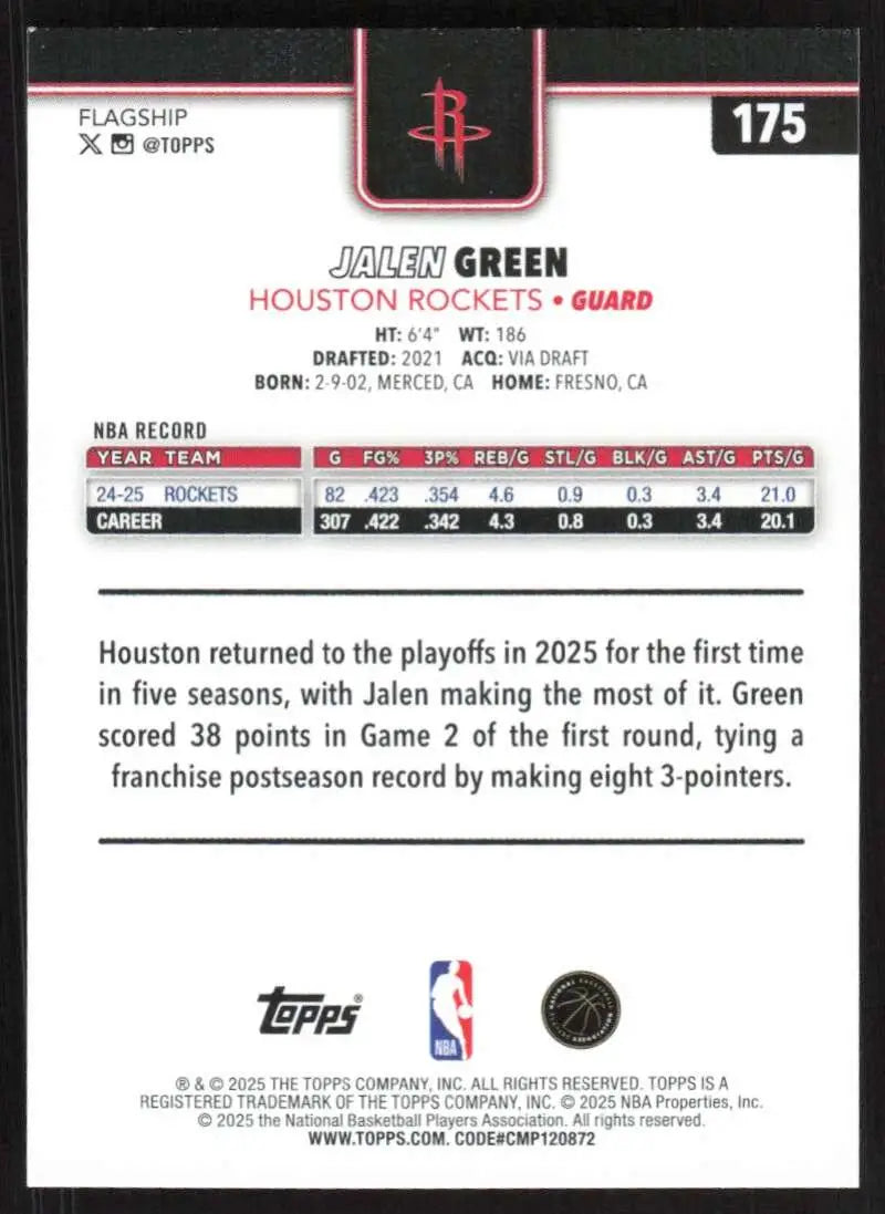 2025-26 Topps #175 Jalen Green NM-MT Rockets ID:80825 - Basketball Card Single
