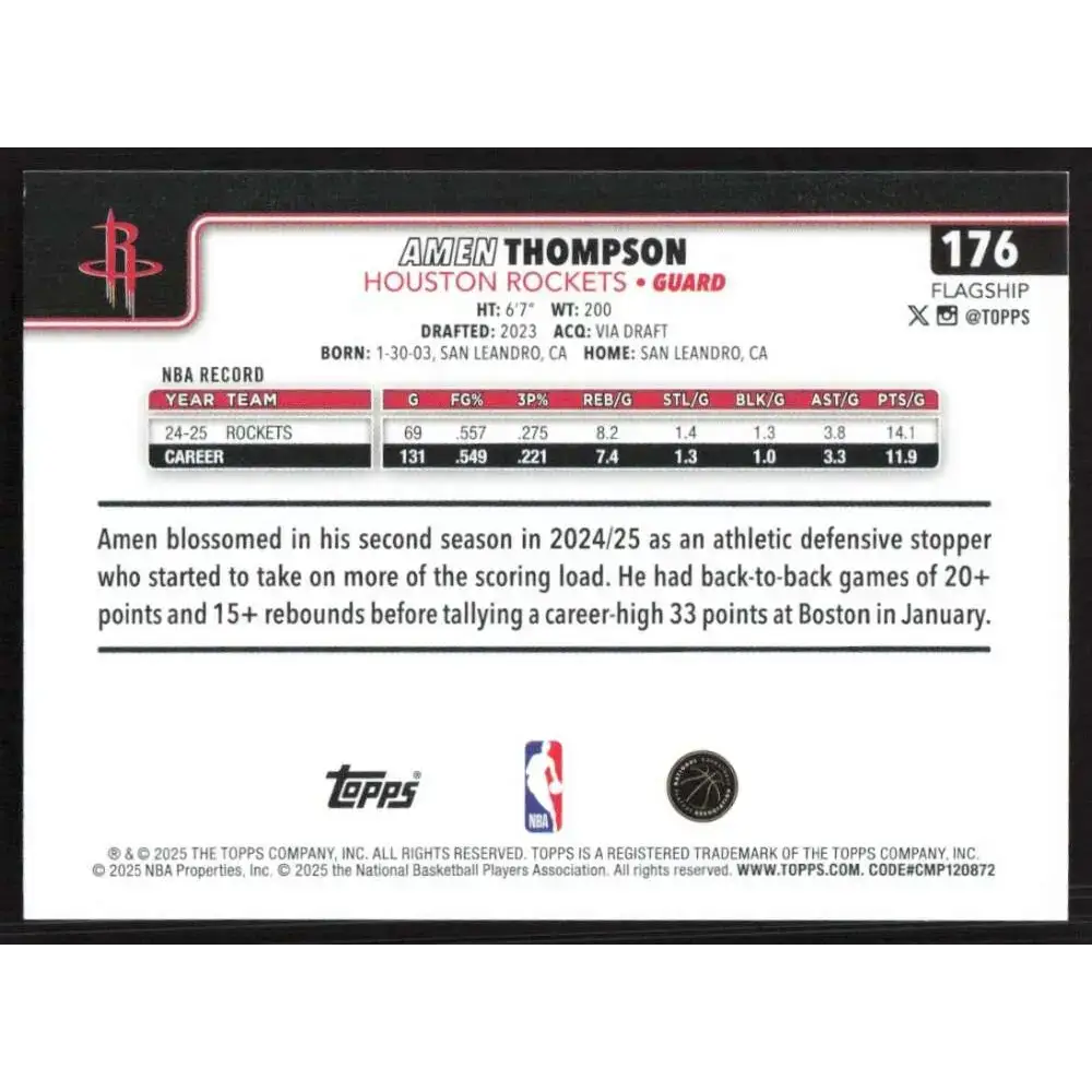 2025-26 Topps #176 Amen Thompson NM-MT Houston Rockets Basketball Card - Basketball Card Single