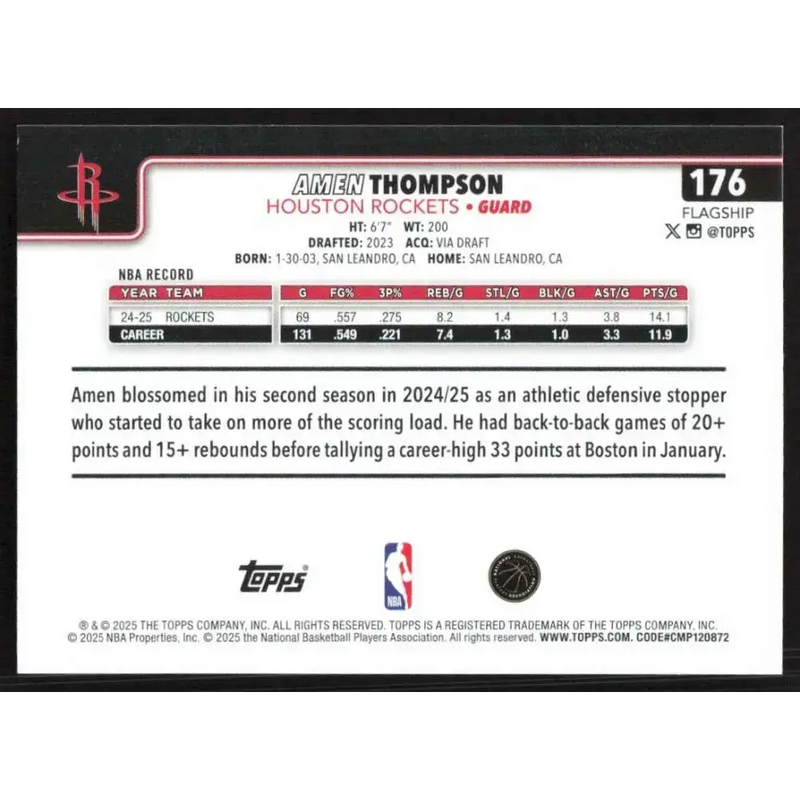 2025-26 Topps #176 Amen Thompson NM-MT Houston Rockets Basketball Card - Basketball Card Single