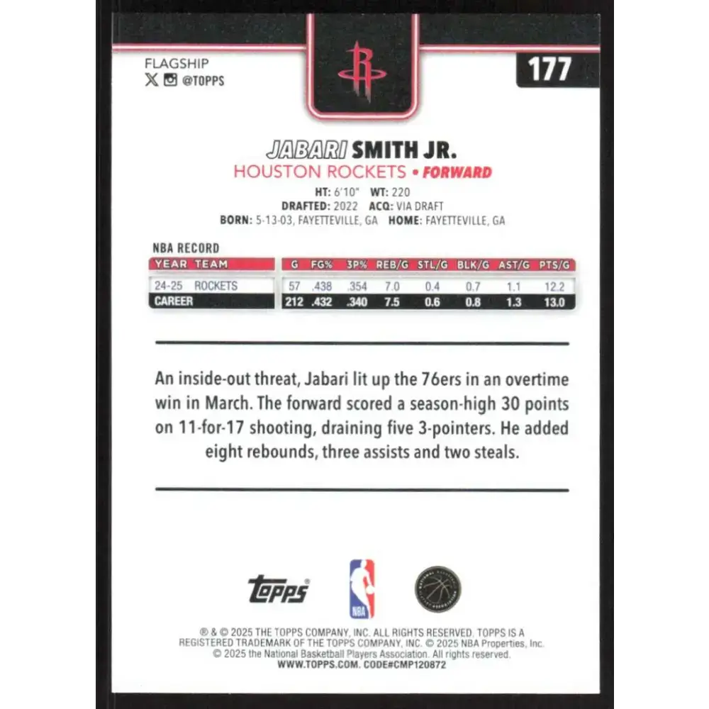 2025-26 Topps #177 Jabari Smith Jr. NM-MT Houston Rockets Basketball Card - Basketball Card Single