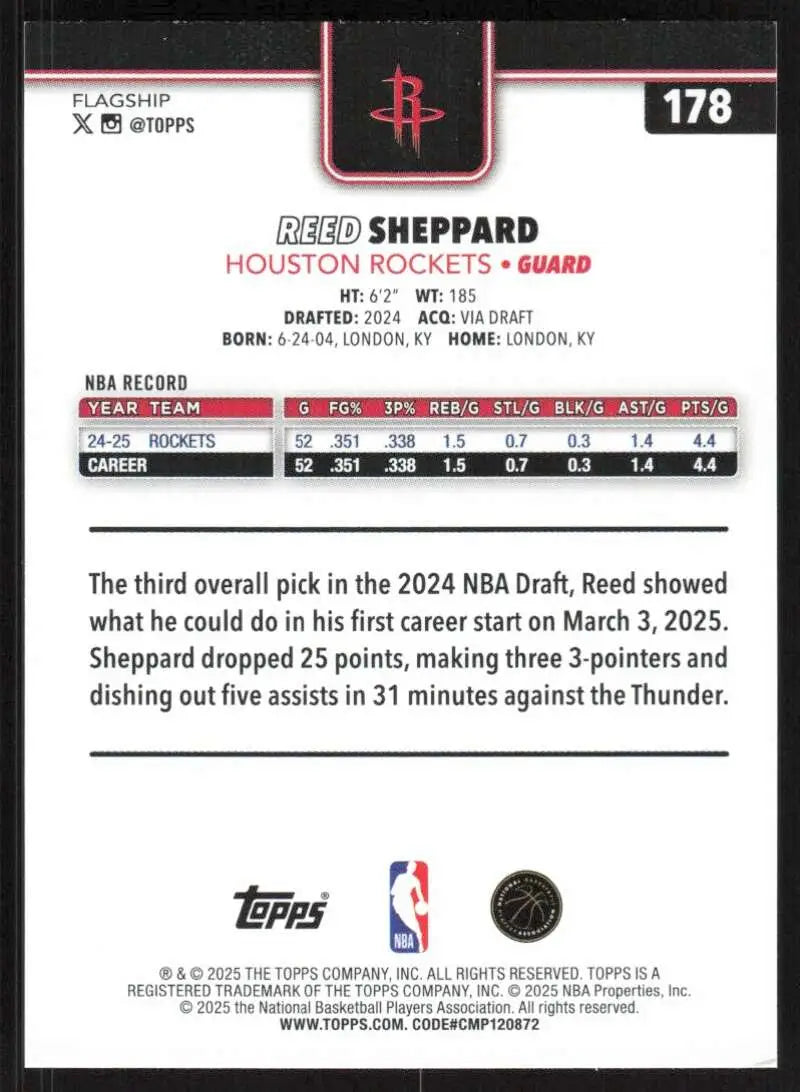 2025-26 Topps #178 Reed Sheppard NM-MT Houston Rockets Basketball Card - Basketball Card Single