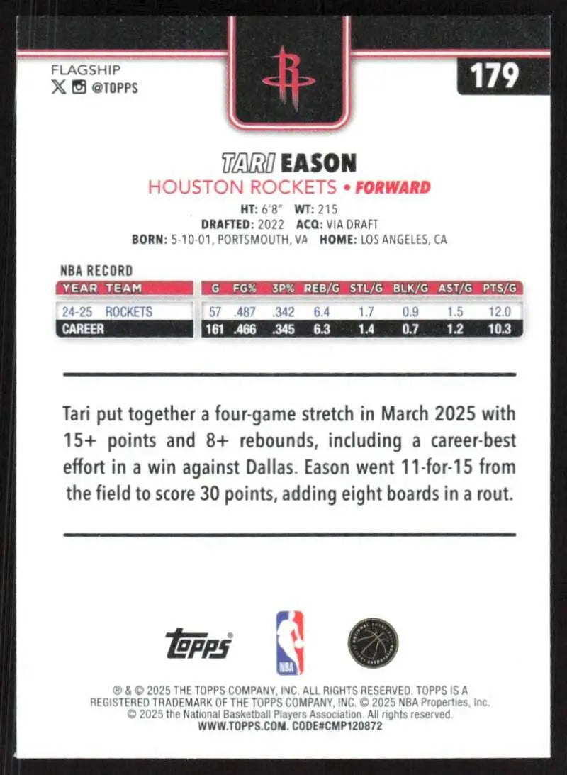 2025-26 Topps #179 Tari Eason NM-MT Houston Rockets Basketball Card - Basketball Card Single