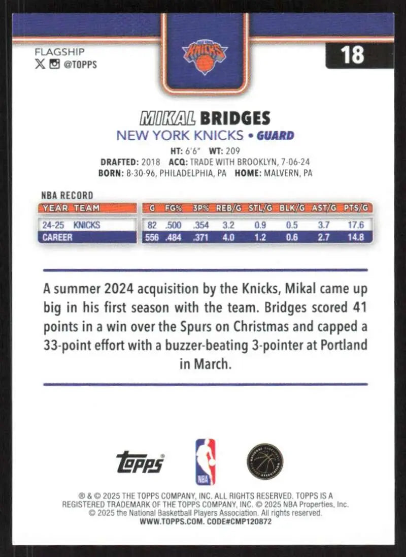 2025-26 Topps #18 Mikal Bridges NM-MT New York Knicks Basketball Card - Basketball Card Single