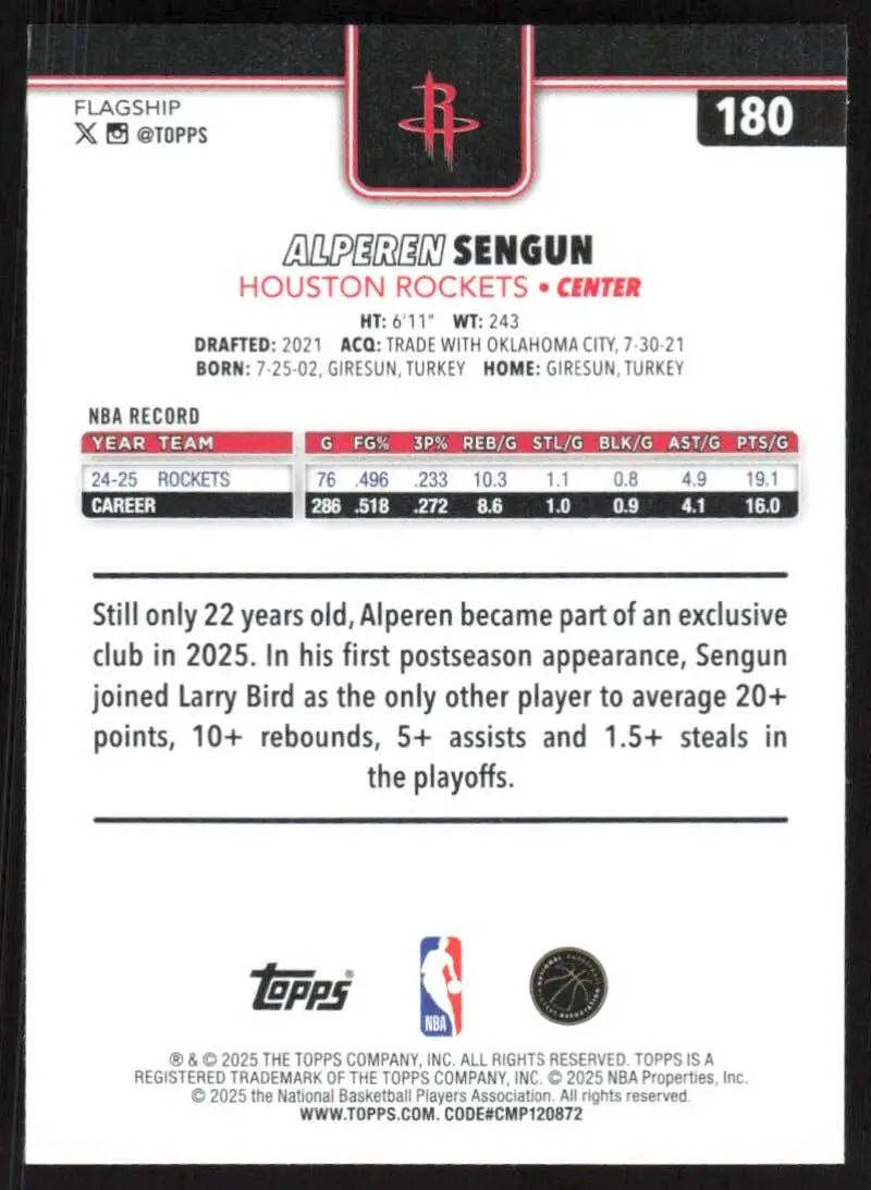 2025-26 Topps #180 Alperen Sengun NM-MT Houston Rockets Basketball Card - Basketball Card Single