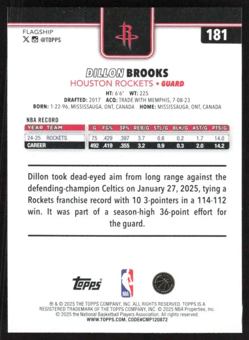 2025-26 Topps #181 Dillon Brooks NM-MT Houston Rockets Basketball Card - Basketball Card Single