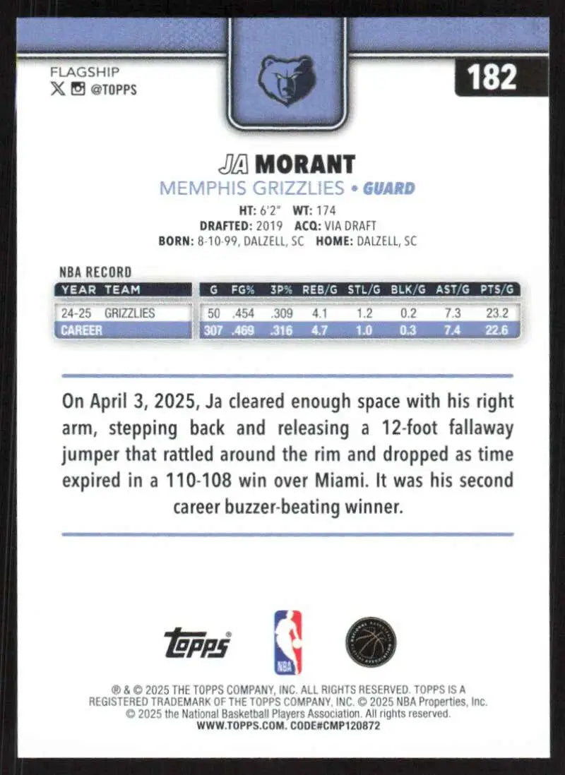 2025-26 Topps #182 Ja Morant NM-MT Memphis Grizzlies Basketball Card - Basketball Card Single