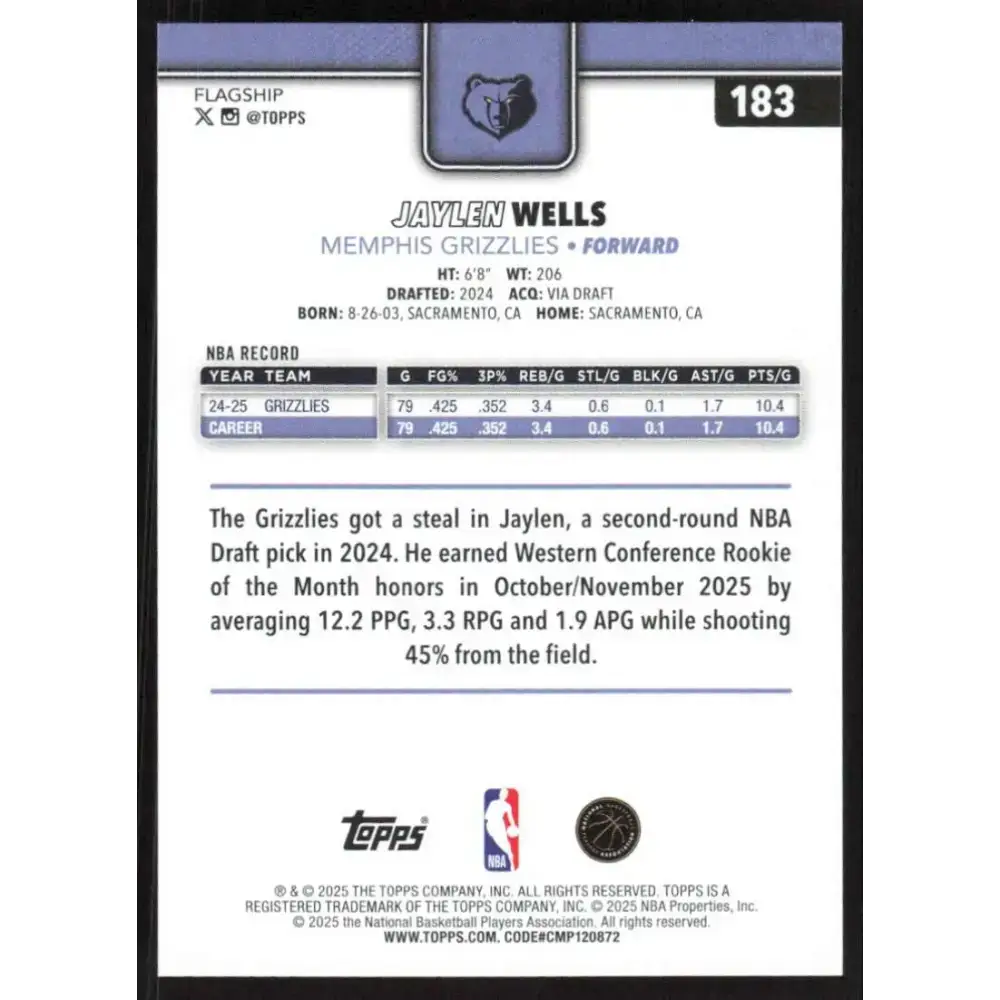 2025-26 Topps #183 Jaylen Wells NM-MT Memphis Grizzlies Basketball Card - Basketball Card Single