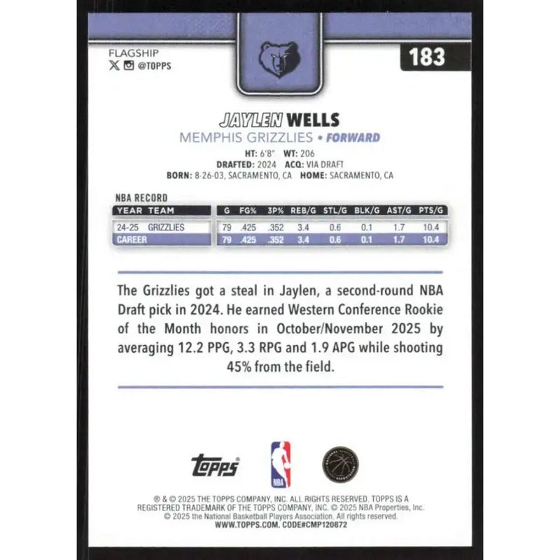 2025-26 Topps #183 Jaylen Wells NM-MT Memphis Grizzlies Basketball Card - Basketball Card Single