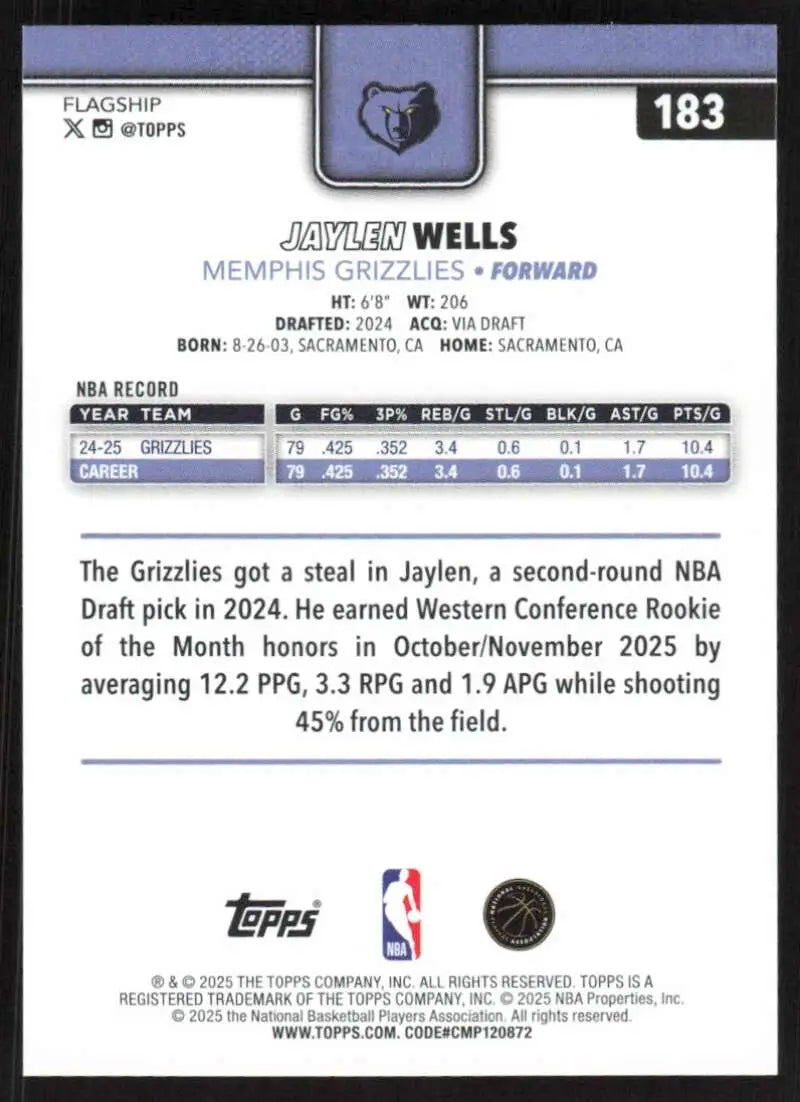 2025-26 Topps #183 Jaylen Wells NM-MT Memphis Grizzlies Basketball Card - Basketball Card Single