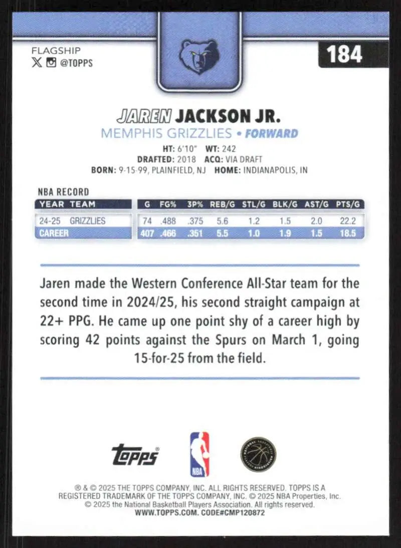 2025-26 Topps #184 Jaren Jackson Jr. NM-MT Memphis Grizzlies Basketball Card - Basketball Card Single
