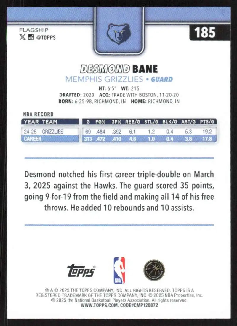 2025-26 Topps #185 Desmond Bane NM-MT Memphis Grizzlies Basketball Card - Basketball Card Single