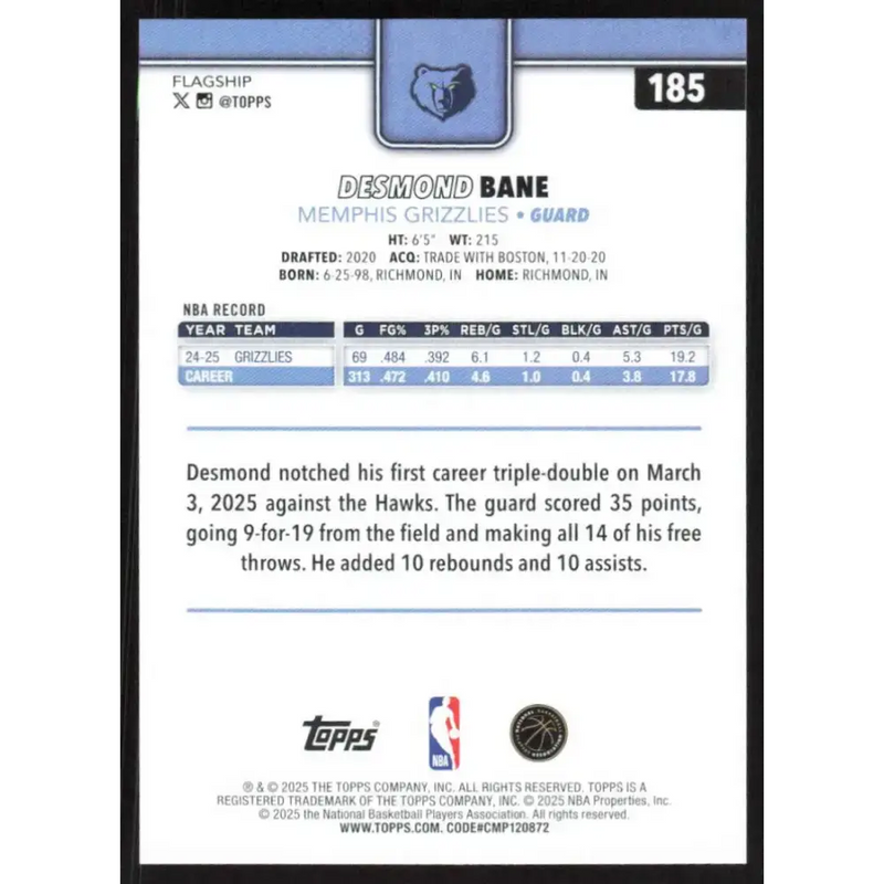 2025-26 Topps #185 Desmond Bane NM-MT Memphis Grizzlies Basketball Card - Basketball Card Single