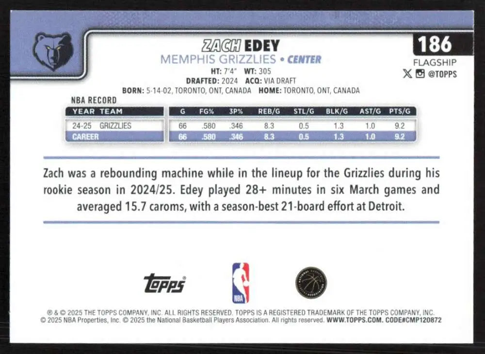 2025-26 Topps #186 Zach Edey NM-MT Memphis Grizzlies Basketball Card - Basketball Card Single