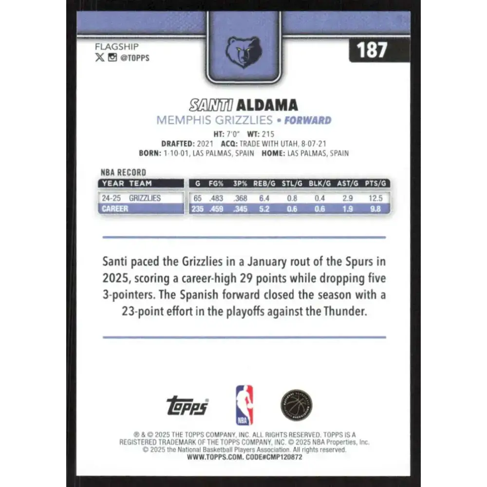 2025-26 Topps #187 Santi Aldama NM-MT Memphis Grizzlies Basketball Card - Basketball Card Single