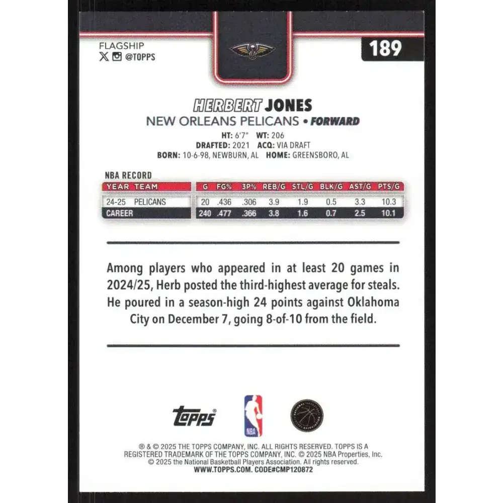 2025-26 Topps #189 Herbert Jones NM-MT New Orleans Pelicans Basketball Card - Basketball Card Single