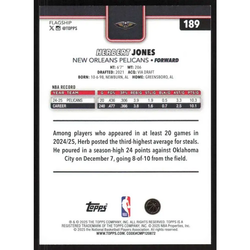 2025-26 Topps #189 Herbert Jones NM-MT New Orleans Pelicans Basketball Card - Basketball Card Single