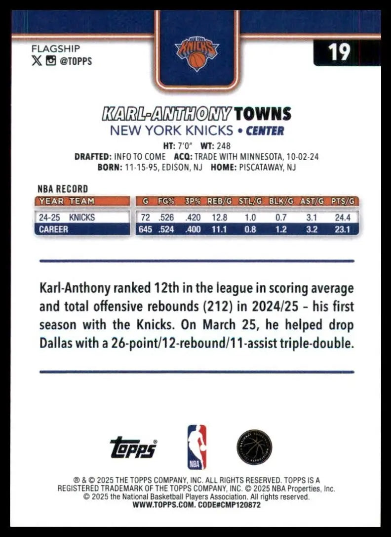 2025-26 Topps #19 Karl Anthony Towns New York Knicks Basketball Card NBA Sports - Basketball Card Single