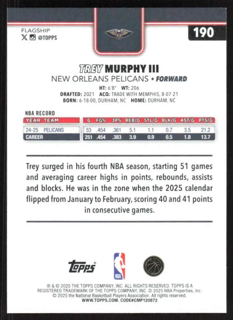 2025-26 Topps #190 Trey Murphy III NM-MT New Orleans Pelicans Basketball Card - Basketball Card Single