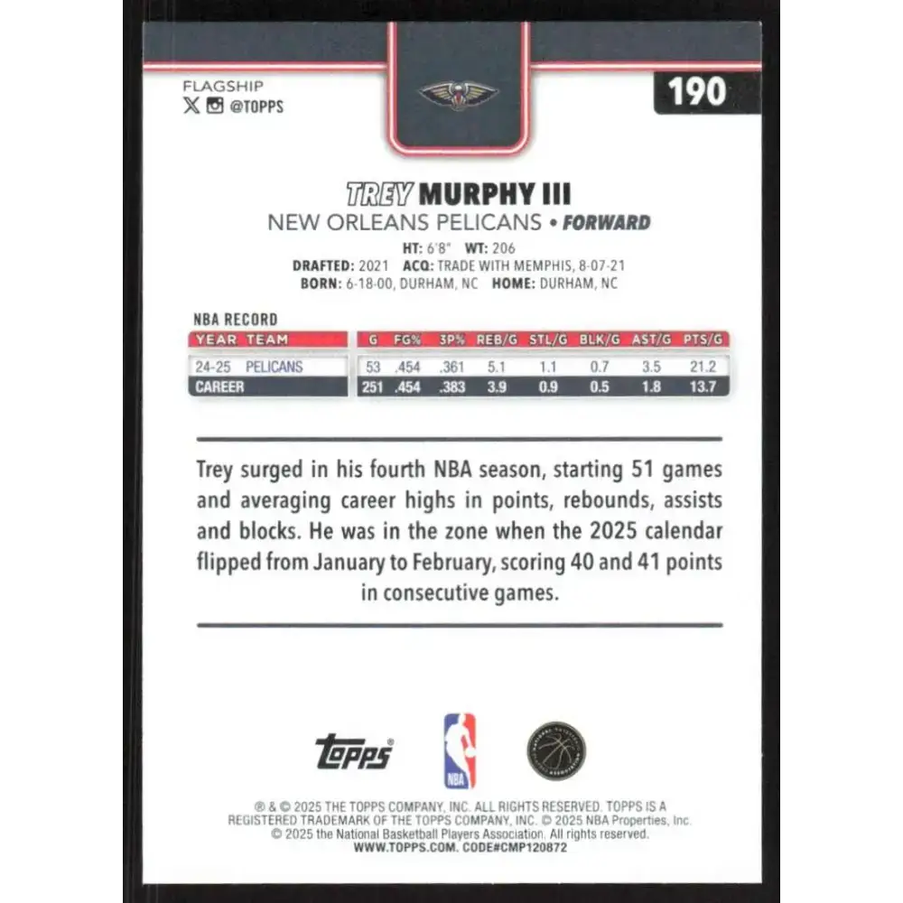 2025-26 Topps #190 Trey Murphy III NM-MT New Orleans Pelicans Basketball Card - Basketball Card Single