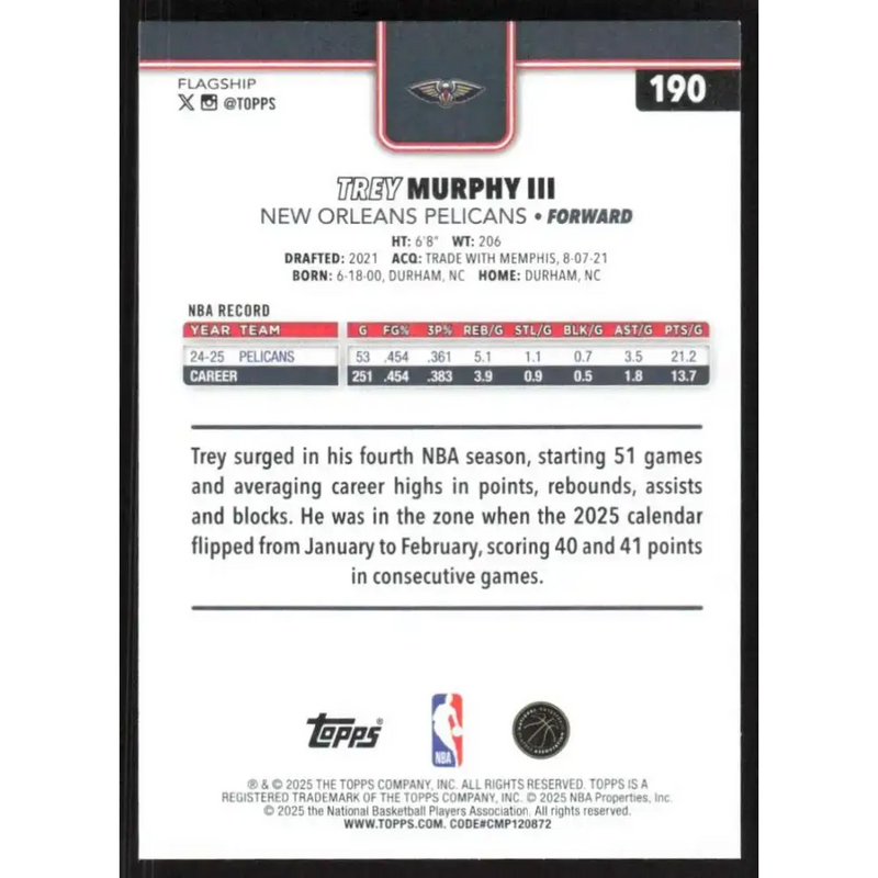 2025-26 Topps #190 Trey Murphy III NM-MT New Orleans Pelicans Basketball Card - Basketball Card Single
