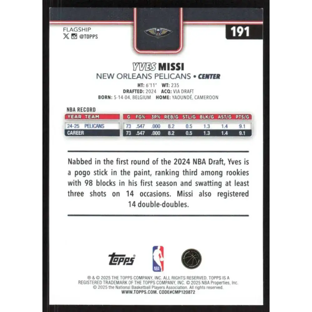 2025-26 Topps #191 Yves Missi NM-MT New Orleans Pelicans Basketball Card - Basketball Card Single