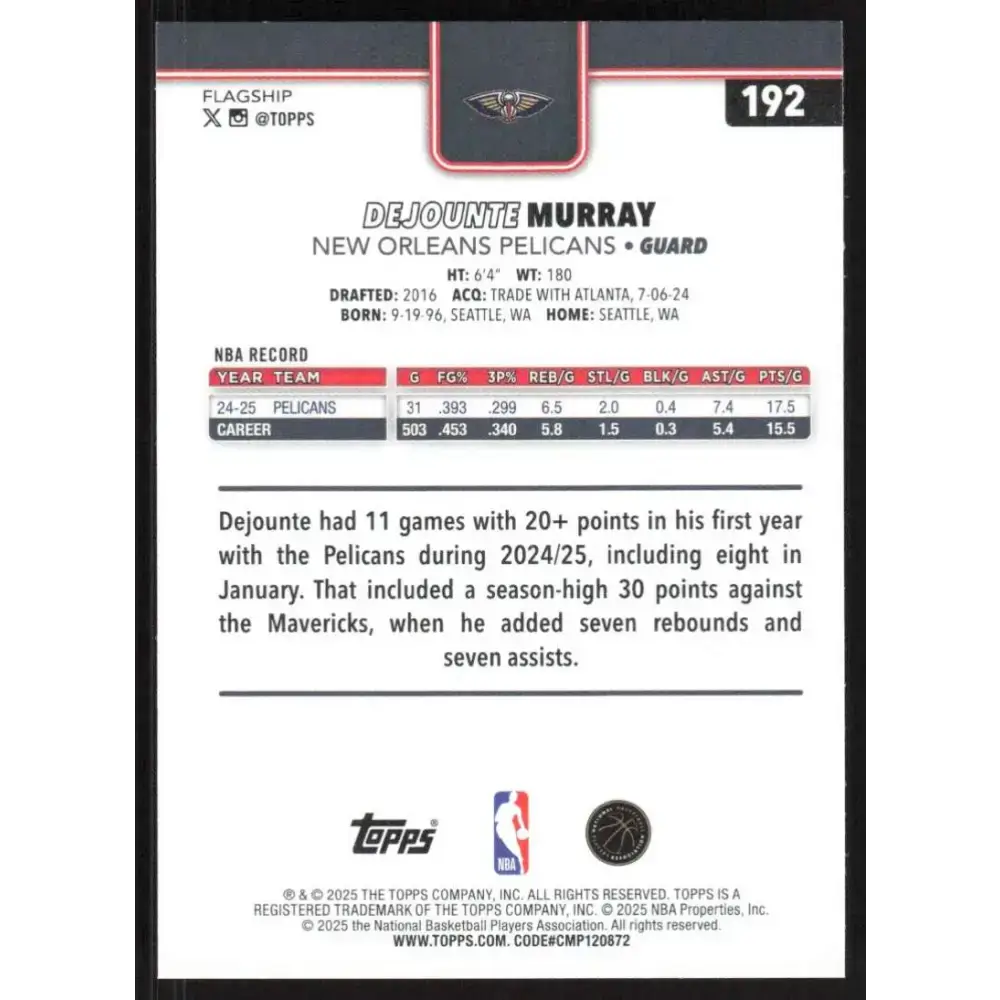 2025-26 Topps #192 Dejounte Murray NM-MT New Orleans Pelicans Basketball Card - Basketball Card Single