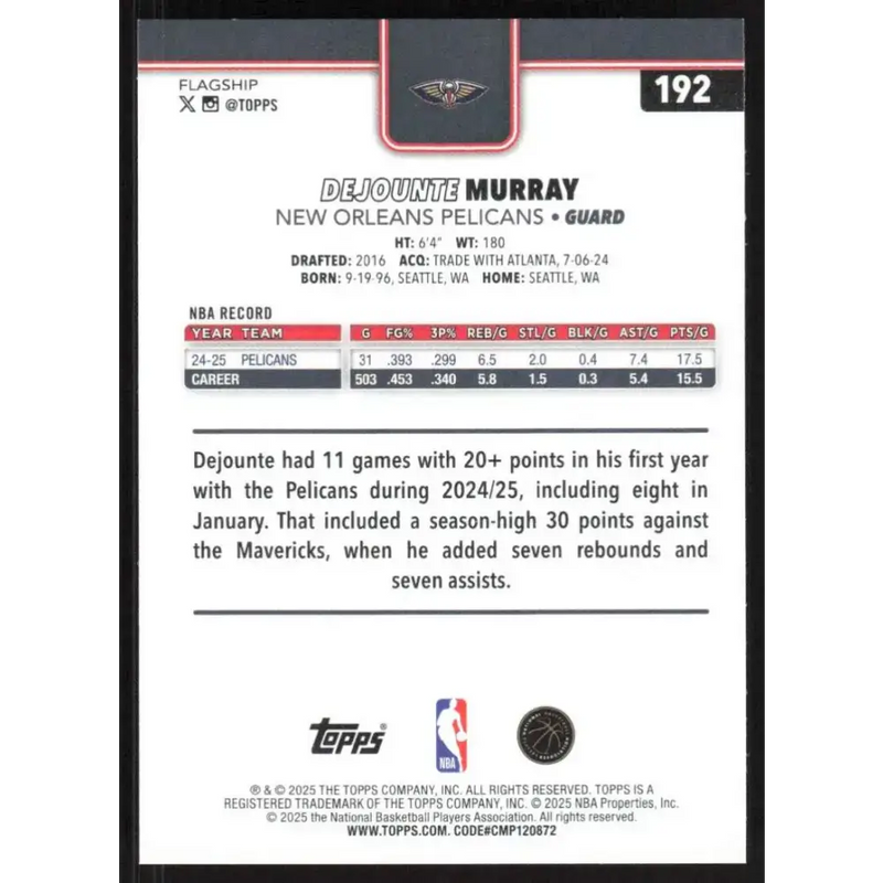 2025-26 Topps #192 Dejounte Murray NM-MT New Orleans Pelicans Basketball Card - Basketball Card Single