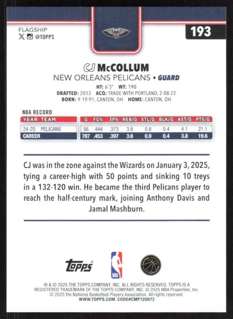 2025-26 Topps #193 CJ McCollum NM-MT New Orleans Pelicans Basketball Card - Basketball Card Single