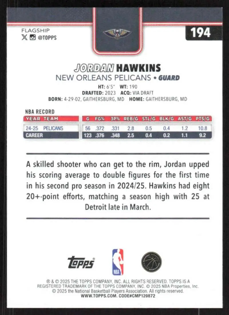 2025-26 Topps #194 Jordan Hawkins NM-MT New Orleans Pelicans Basketball Card - Basketball Card Single