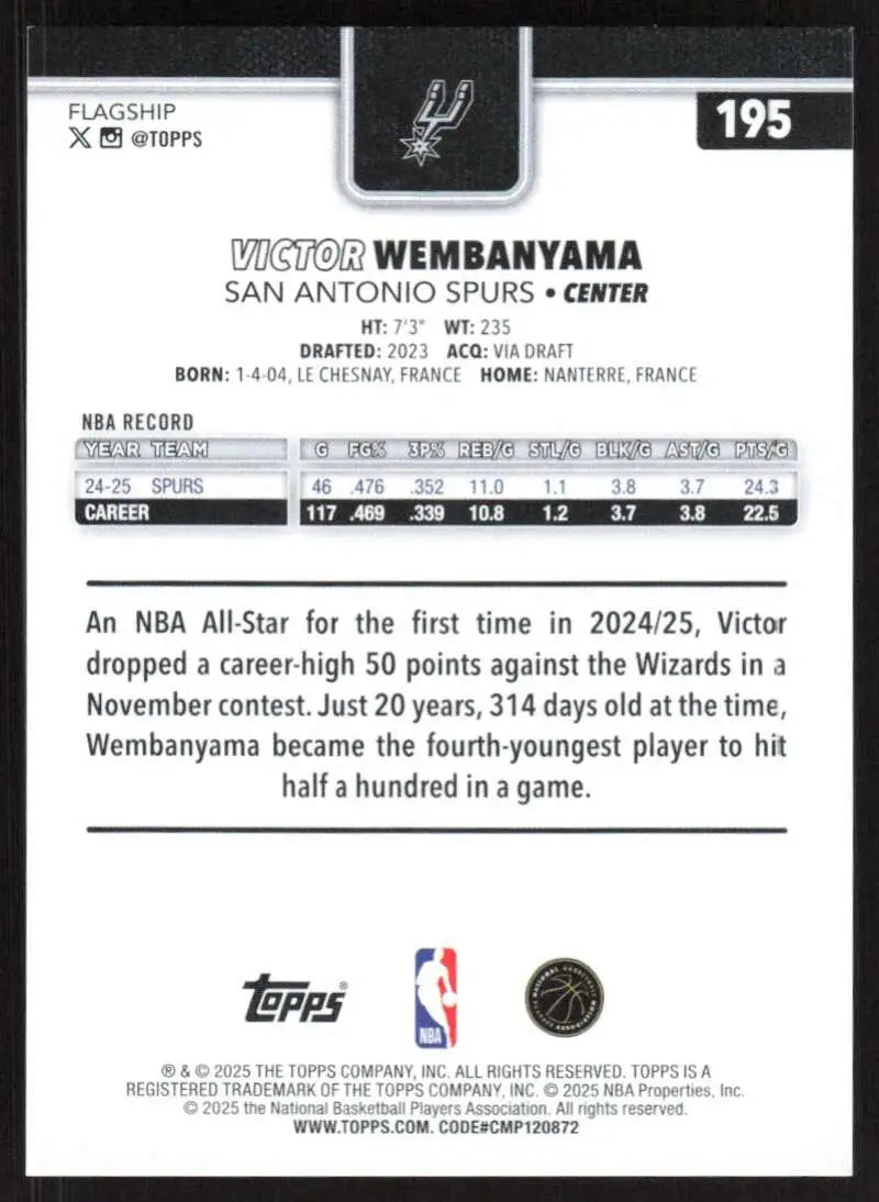 2025-26 Topps #195 Victor Wembanyama NM-MT San Antonio Spurs Basketball Card - Basketball Card Single