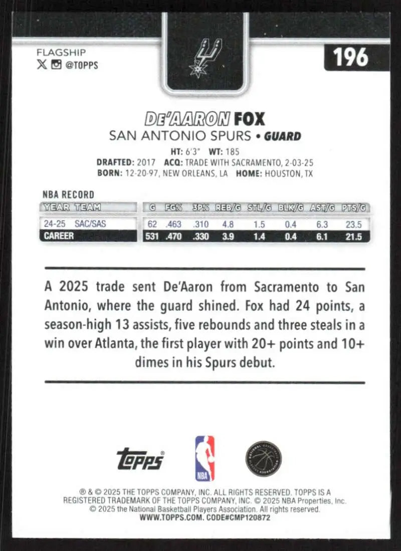 2025-26 Topps #196 De’Aaron Fox NM-MT San Antonio Spurs Basketball Card - Basketball Card Single