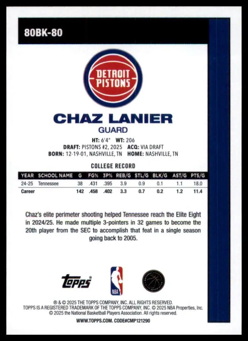 2025-26 Topps 1980-81 Anniversary Chaz Lanier Rookie #80BK-80 Detroit Pistons - Basketball Card Single