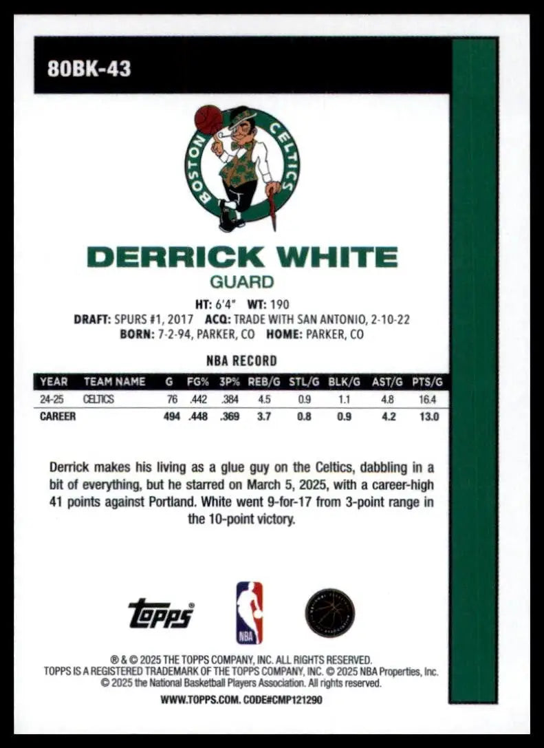 2025-26 Topps 1980-81 Anniversary Derrick White #80BK-43 Boston Celtics Card NBA - Basketball Card Single