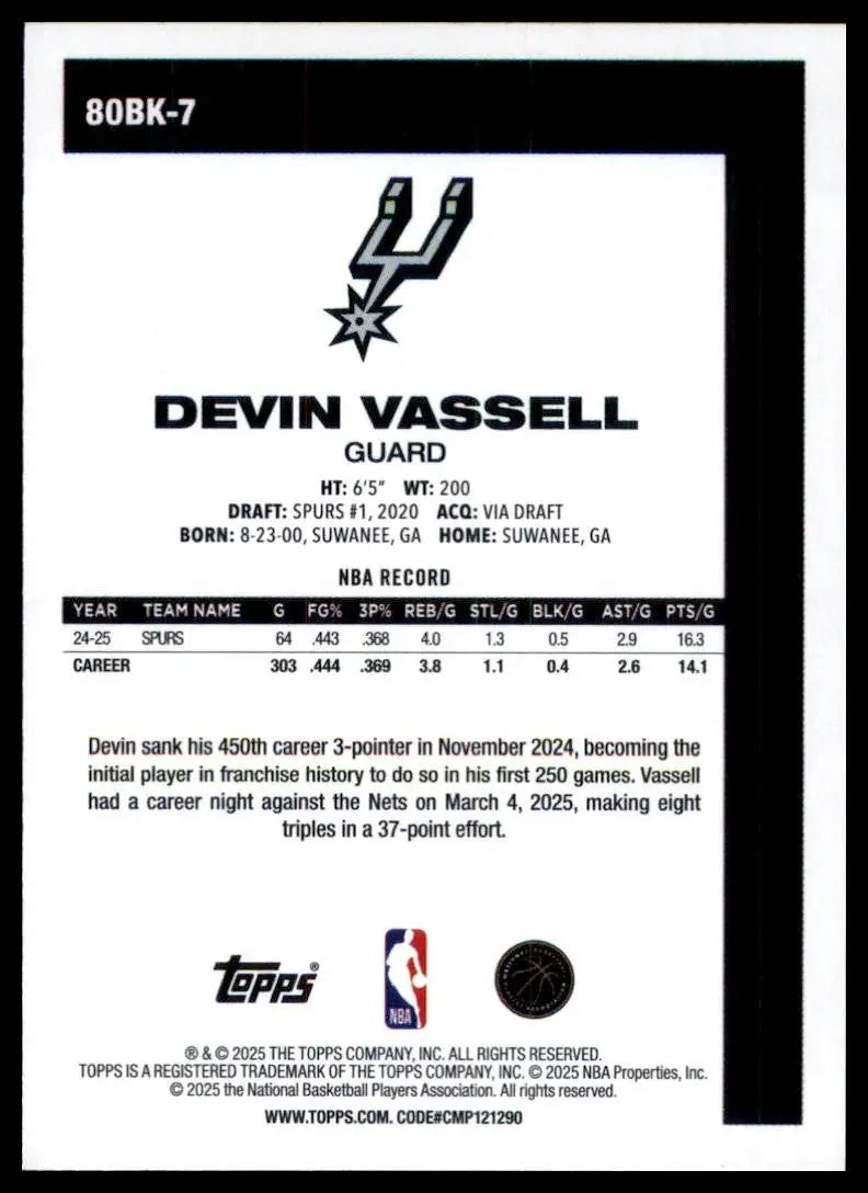 2025-26 Topps 1980-81 Anniversary Devin Vassell #80BK-7 San Antonio Spurs Card - Basketball Card Single