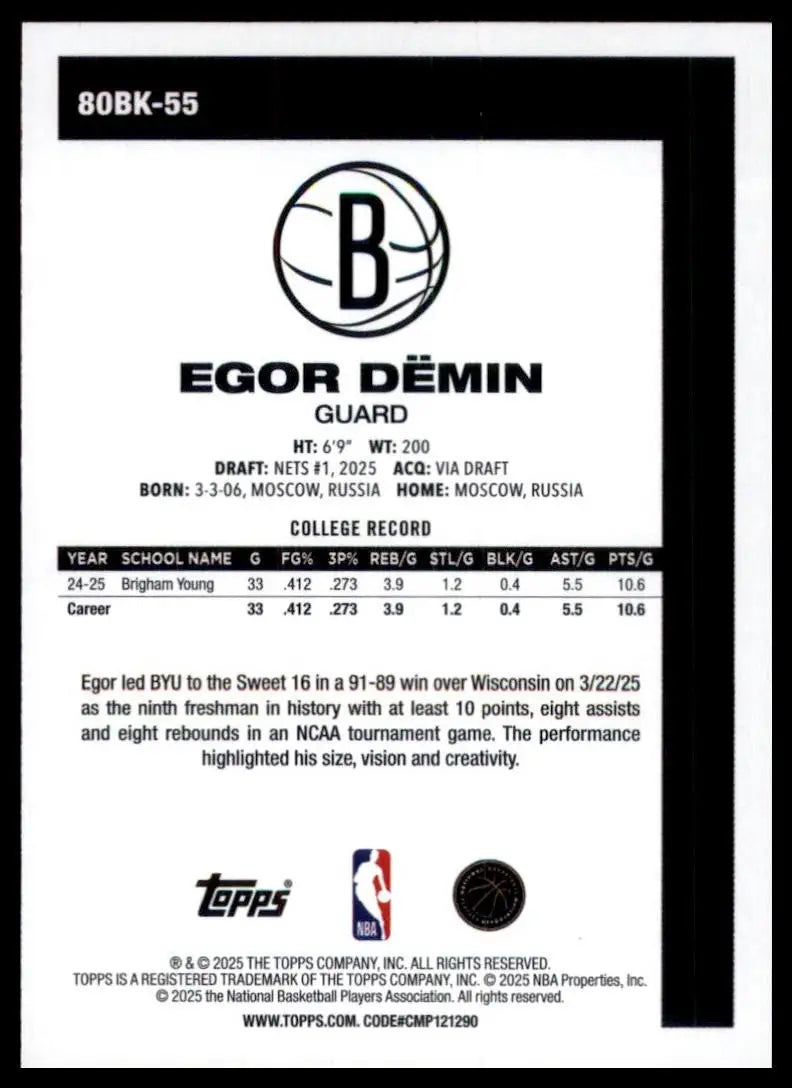 2025-26 Topps 1980-81 Anniversary Egor Demin Rookie #80BK-55 Brooklyn Nets Card - Basketball Card Single