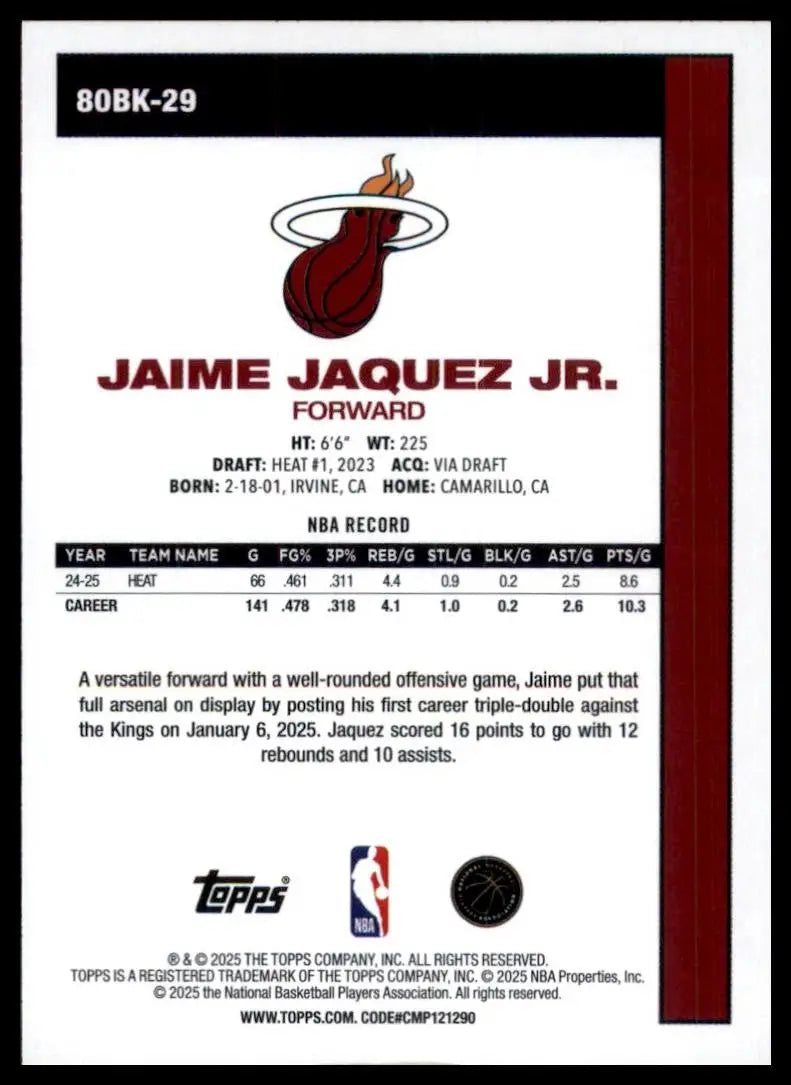 2025-26 Topps 1980-81 Anniversary Jaime Jaquez Jr #80BK-29 Miami Heat Basketball - Basketball Card Single