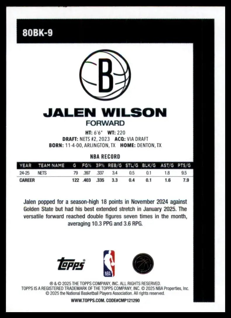 2025-26 Topps 1980-81 Anniversary Jalen Wilson #80BK-9 Brooklyn Nets Basketball - Basketball Card Single