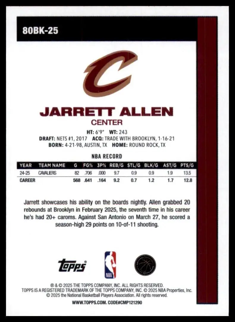 2025-26 Topps 1980-81 Anniversary Jarrett Allen #80BK-25 Cleveland Cavaliers NBA - Basketball Card Single