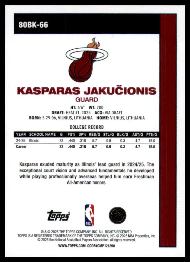 2025-26 Topps 1980-81 Anniversary Kasparas Jakucionis Rookie #80BK-66 Miami Heat - Basketball Card Single