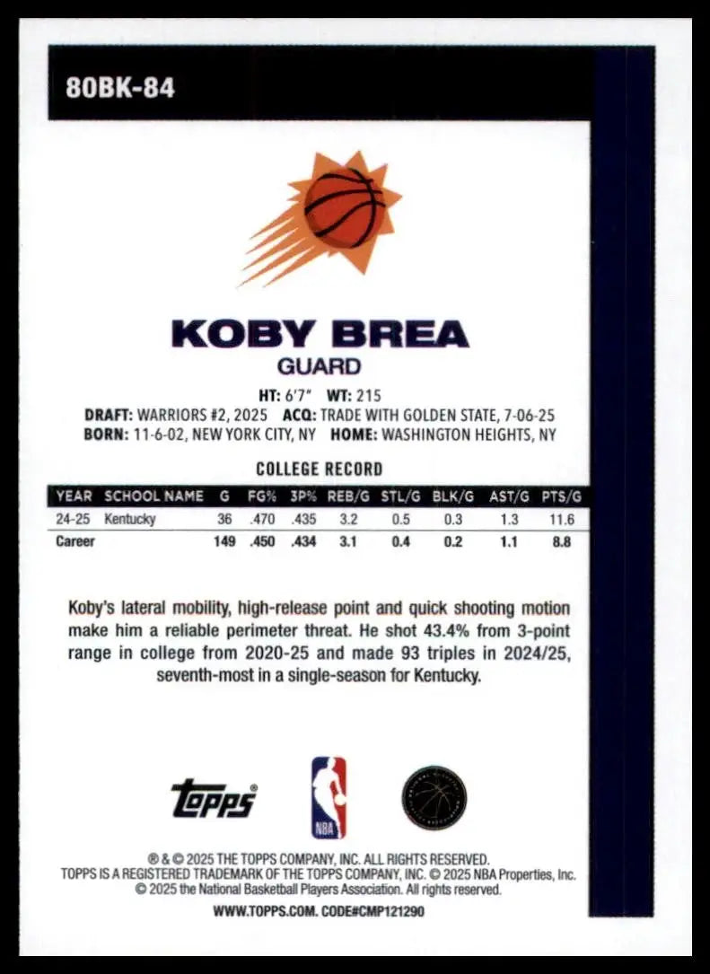 2025-26 Topps 1980-81 Anniversary Koby Brea Rookie #80BK-84 Phoenix Suns Card - Basketball Card Single