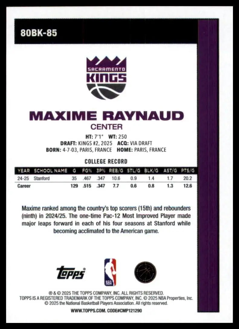2025-26 Topps 1980-81 Anniversary Maxime Raynaud Rookie #80BK85 Sacramento Kings - Basketball Card Single