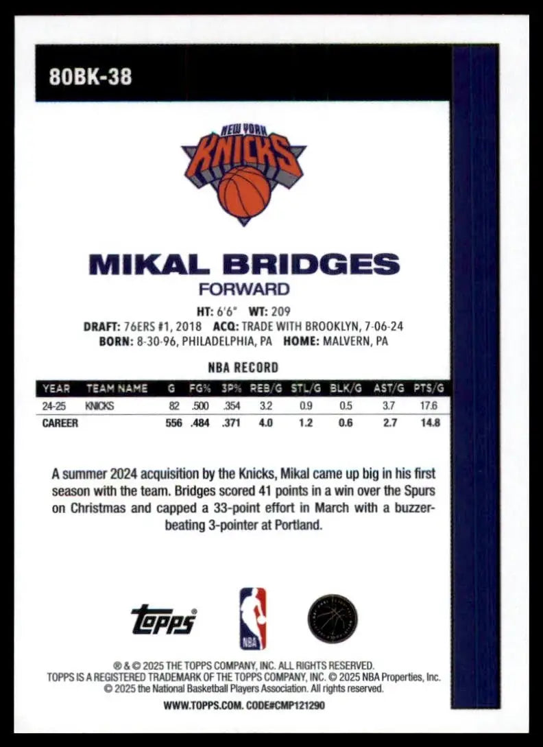 2025-26 Topps 1980-81 Anniversary Mikal Bridges #80BK-38 New York Knicks Card - Basketball Card Single