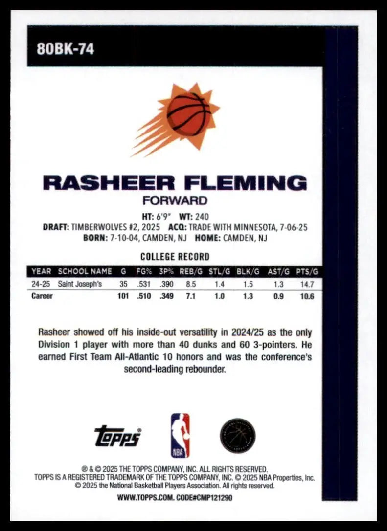 2025-26 Topps 1980-81 Anniversary Rasheer Fleming Rookie #80BK-74 Phoenix Suns - Basketball Card Single