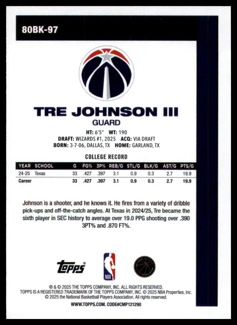 2025-26 Topps 1980-81 Anniversary Tre Johnson III Rookie #80BK-97 Wizards Card - Basketball Card Single