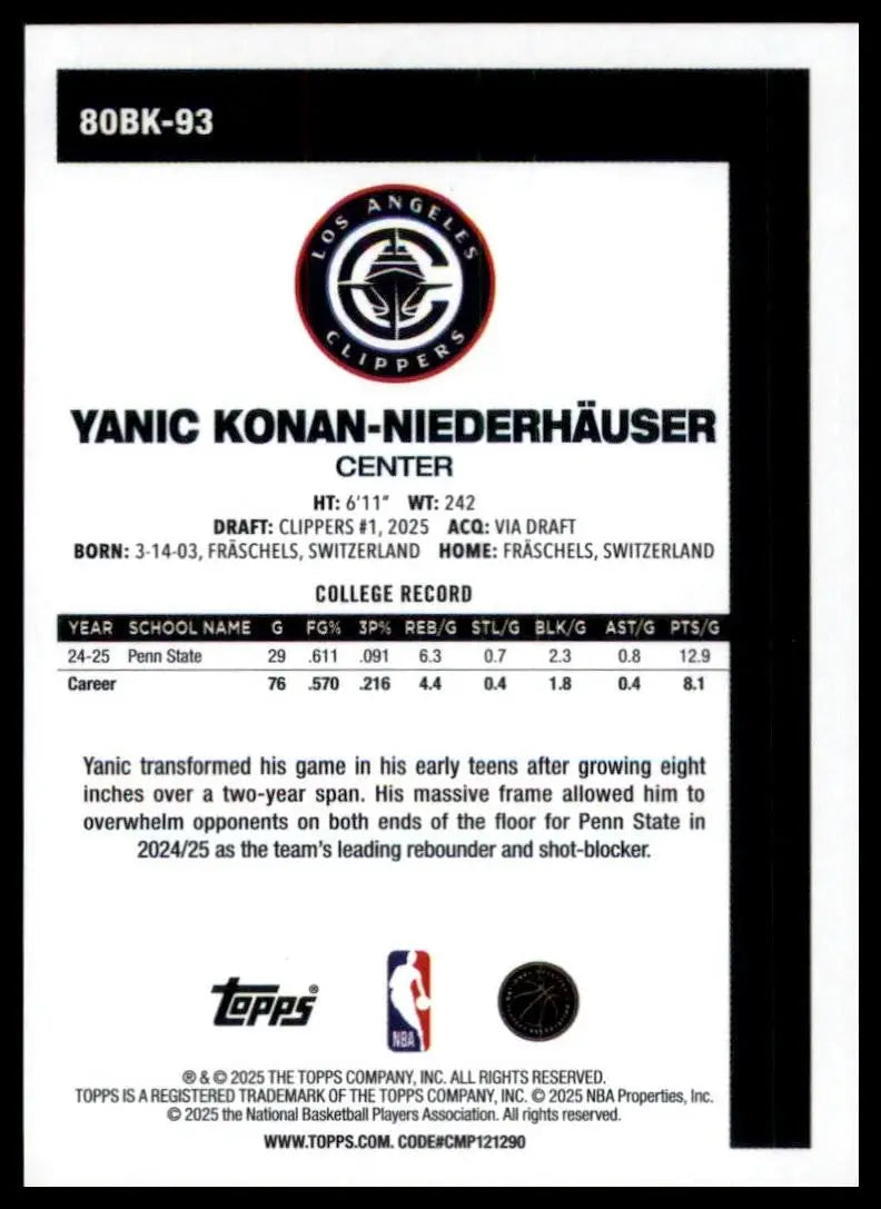 2025-26 Topps 1980-81 Anniversary Yanic Konan Niederhauser Rookie #80BK-93 Card - Basketball Card Single