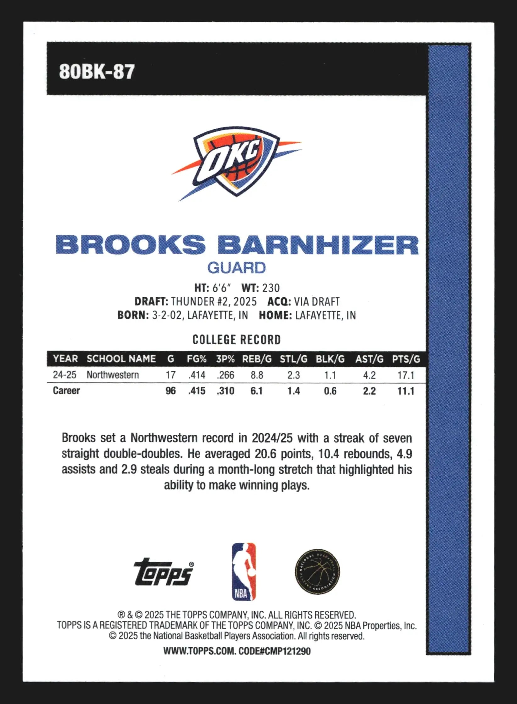 2025-26 Topps 1980-81 Brooks Barnhizer #80BK-87 Thunder RC - Basketball Card Single