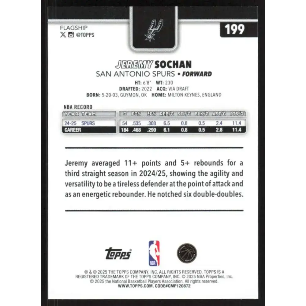 2025-26 Topps #199 Jeremy Sochan NM-MT San Antonio Spurs Basketball Card - Basketball Card Single