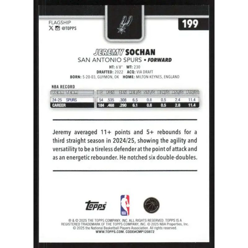 2025-26 Topps #199 Jeremy Sochan NM-MT San Antonio Spurs Basketball Card - Basketball Card Single